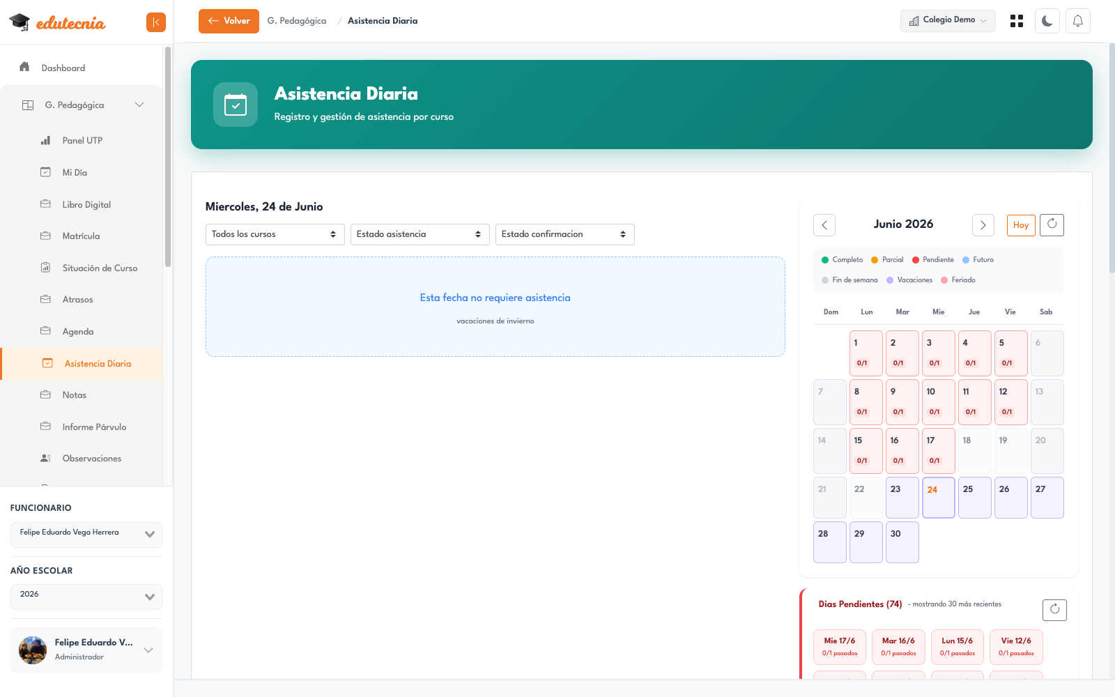 Módulo de Asistencia en la plataforma Edutecnia