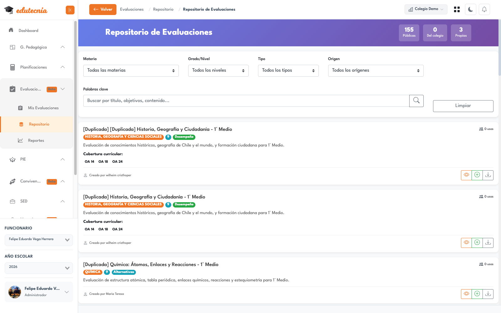Módulo de Evaluaciones en la plataforma Edutecnia