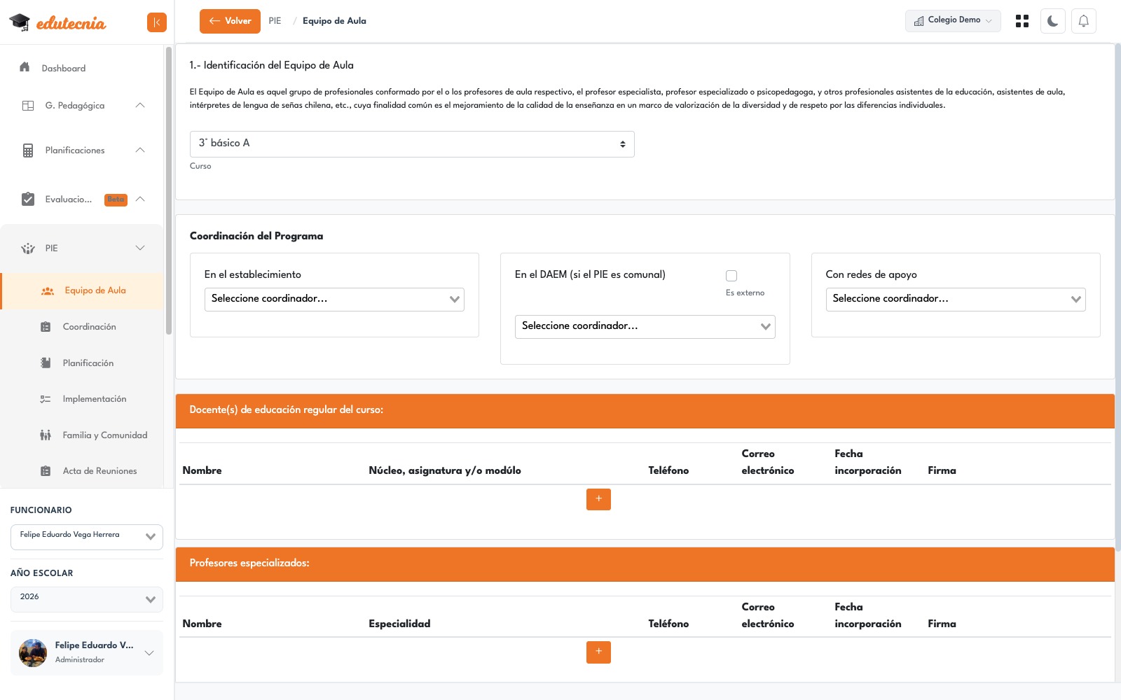 Módulo de PIE en la plataforma Edutecnia